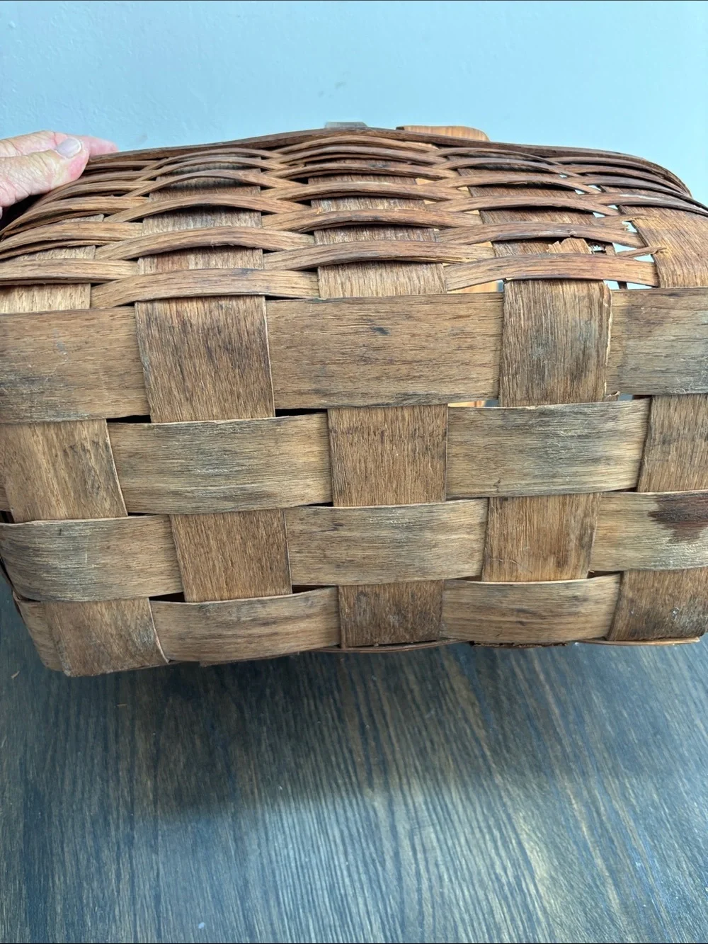 Vintage double lidded picnic basket, one handle,hinges, rustic, wood, 16x9.5x12”